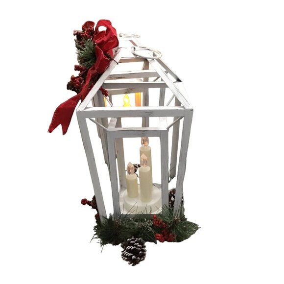 SET OF 2 - WHITE RUSTIC CHRISTMAS LANTERN CENTERPIECE BATTERY OPERATED - Picture 4 of 8